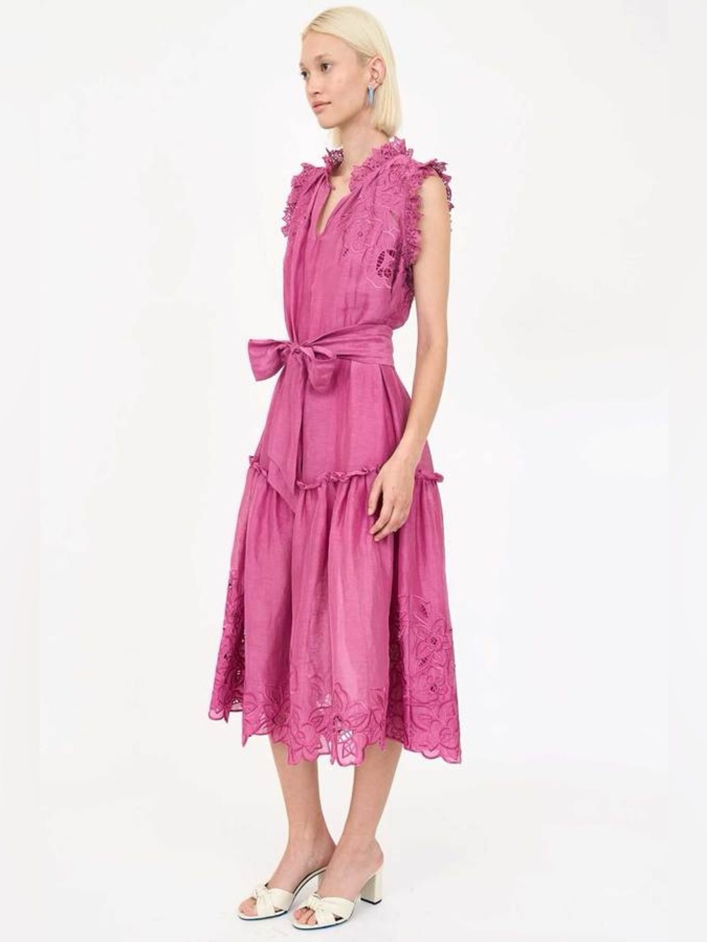 Christy Lynn Gemma Dress Fuchsia Pink Small Linen Silk Embroidered Floral Eyelet - Picture 16 of 16